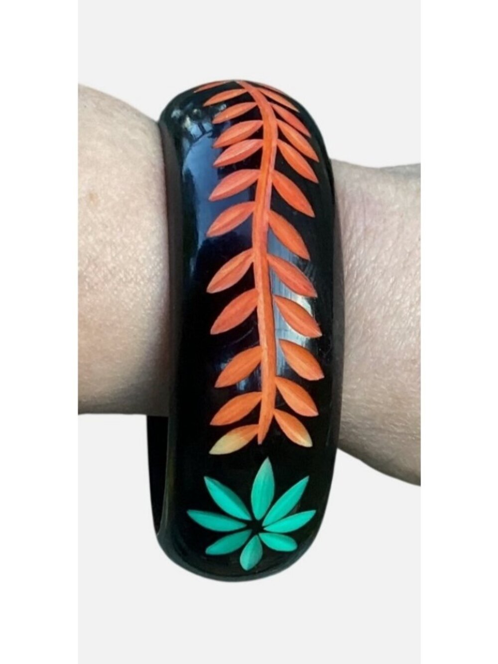 1940s Carved Overdyed Bakelite Bangle Bracelet Black Red Green Tested Floral